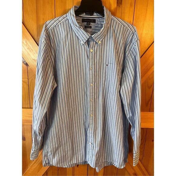 Tommy Hilfiger Button Up Shirt Mens Sz XXL 80's 2 Ply Fabric Blue White Striped - Picture 1 of 5